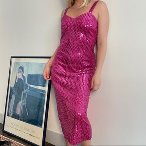 Vintage Pink Sequins Midi Party Dress Cocktail Sleeveless Medium barbie pink